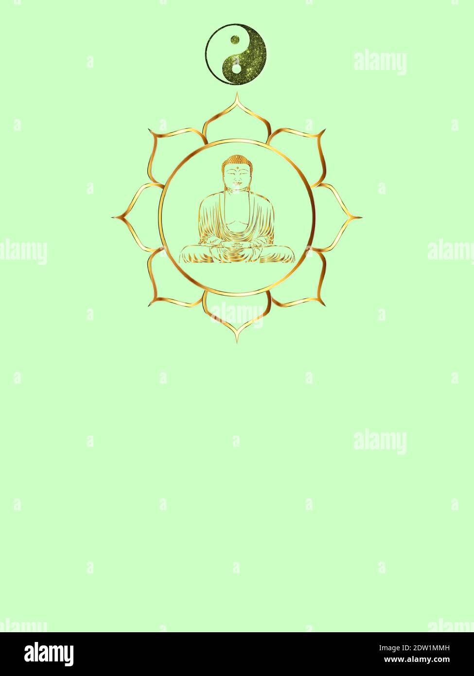 Spiritueller Hintergrund für Meditation mit buddha-Statue und Yin Yang Symbol in farbigem Hintergrund isoliert Stockfoto