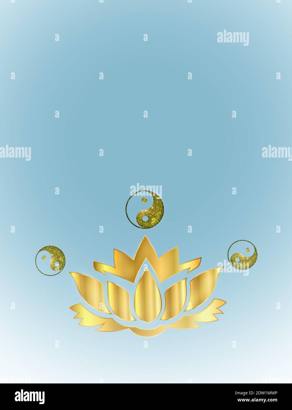 Spiritueller Hintergrund für Meditation mit buddha-Statue und Yin Yang Symbol in farbigem Hintergrund isoliert Stockfoto