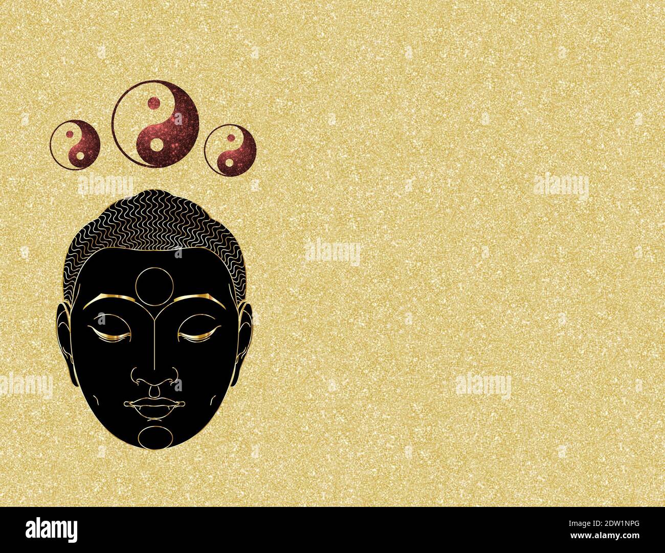 Spiritueller Hintergrund für Meditation mit buddha-Statue und Yin Yang Symbol in farbigem Hintergrund isoliert Stockfoto