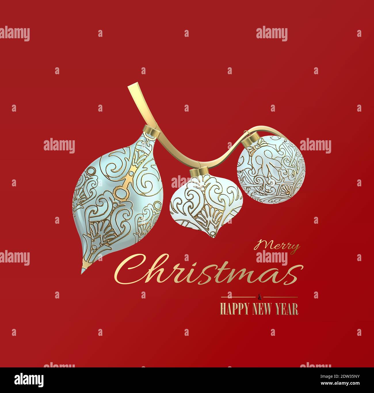 Weihnachtskarte Weihnachten Neujahr auf rot. Pastellblaue Weihnachtskugeln mit goldenem orientalischem Ornament auf rotem Hintergrund. Text Frohe Weihnachten Frohes neues Jahr. 3D-Rendering Stockfoto