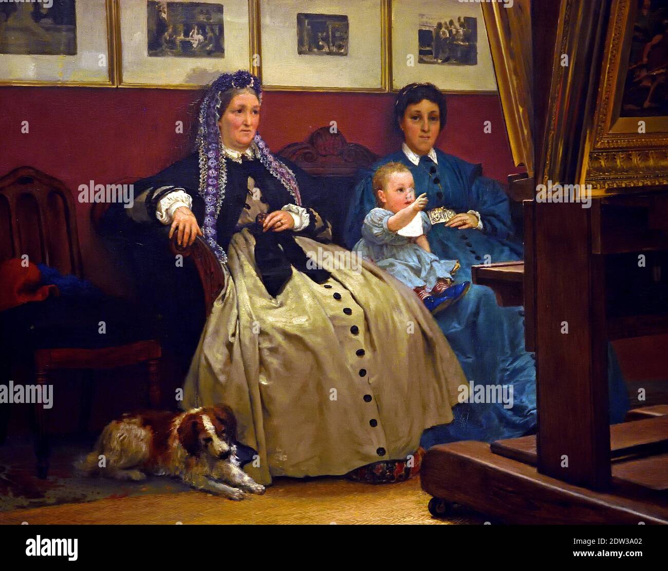 Madame Gressin-Dumoulin und ihre Tochter Marie Pauline, Alma Tademas erste Frau, sitzen auf der Bank. Das kleine Mädchen ist ihre Tochter, Lawrence Alma Tadema (1836-1912), Art Appreciation (oder: Mein Atelier), 1867, Friesland, Niederlande, Niederländisch, Stockfoto