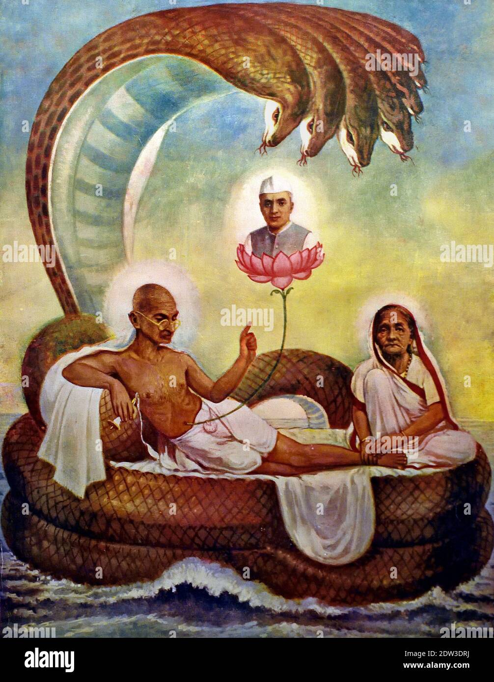 Gandhi als Vishnu auf der Schlange Ananta in Darstellungen von Vishnu wächst aus seinem Nabel ein Lotus, auf dem Brahma sitzt und die Schöpfung symbolisiert. Indien, Inder, ( Mahatma Gandhi (1869-1948, Mohandas Karamchand Gandhi) Freiheitskämpfer und Verfechter gewaltfreier Kampagnen. Land. ) Stockfoto