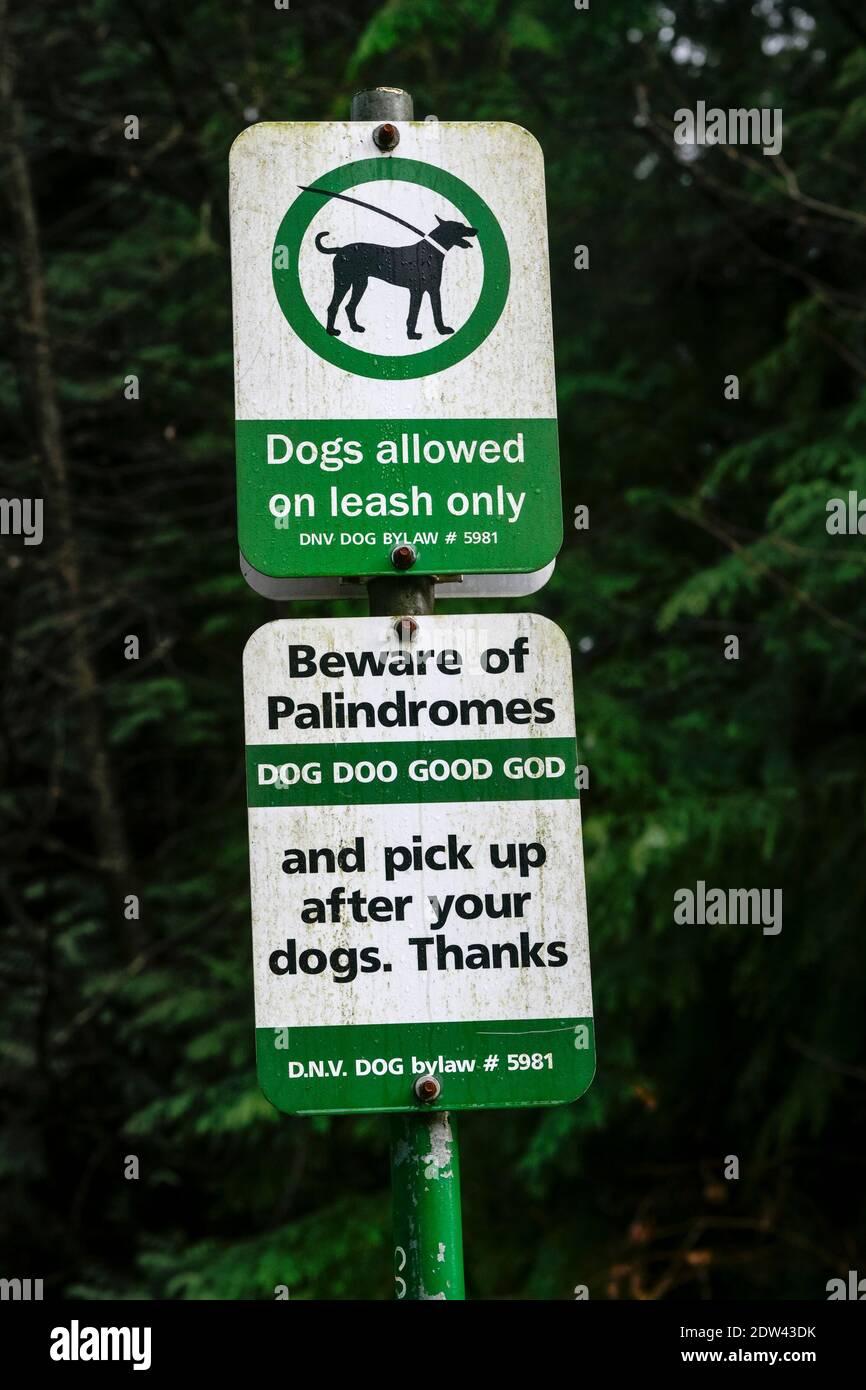 Vorsicht vor Palindromes, humorvoll, Hundespaziergänger-Schild, Murdo Frazer Park, District of North Vancouver, British Columbia, Kanada Stockfoto