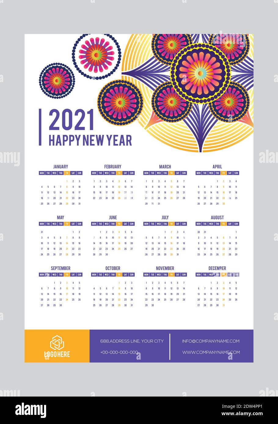 Einfacher Kalender Layout für 2021 Jahre. Einseitiger Kalender  Stock-Vektorgrafik - Alamy