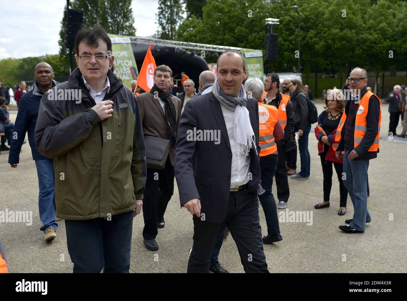 Laurent Berger, Generalsekretär des französischen Gewerkschaftsbundes Francaise Democratique Du Travail (CFDT) während der gemeinsamen Kundgebung am 1. Mai 2014 in Paris, Frankreich. Foto von Mousse/ABACAPRESS.COM Stockfoto