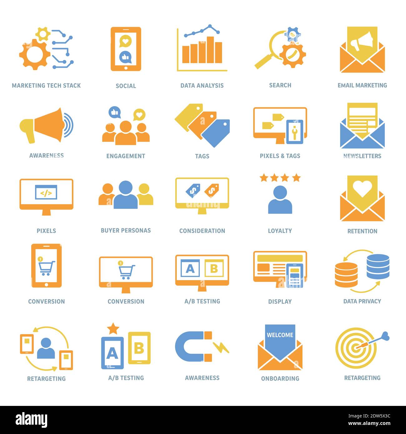 Symbole für digitales Marketing in Gelb, Orange und Grün: Stock Vektor
