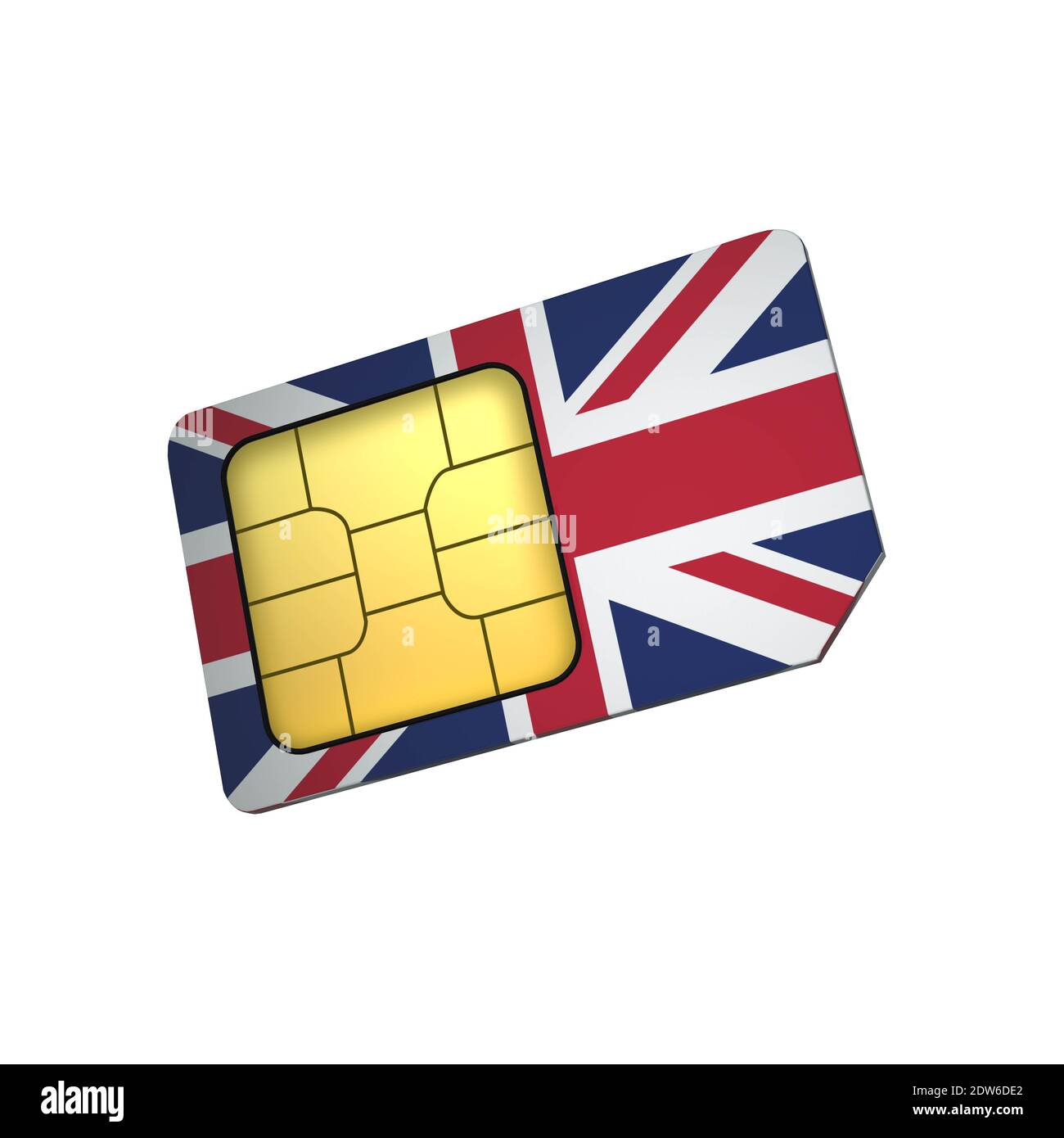 3D Handy sim-Karte Chip mit Flagge von Großbritannien auf weißem Hintergrund isoliert. 3d-Rendering Stockfoto
