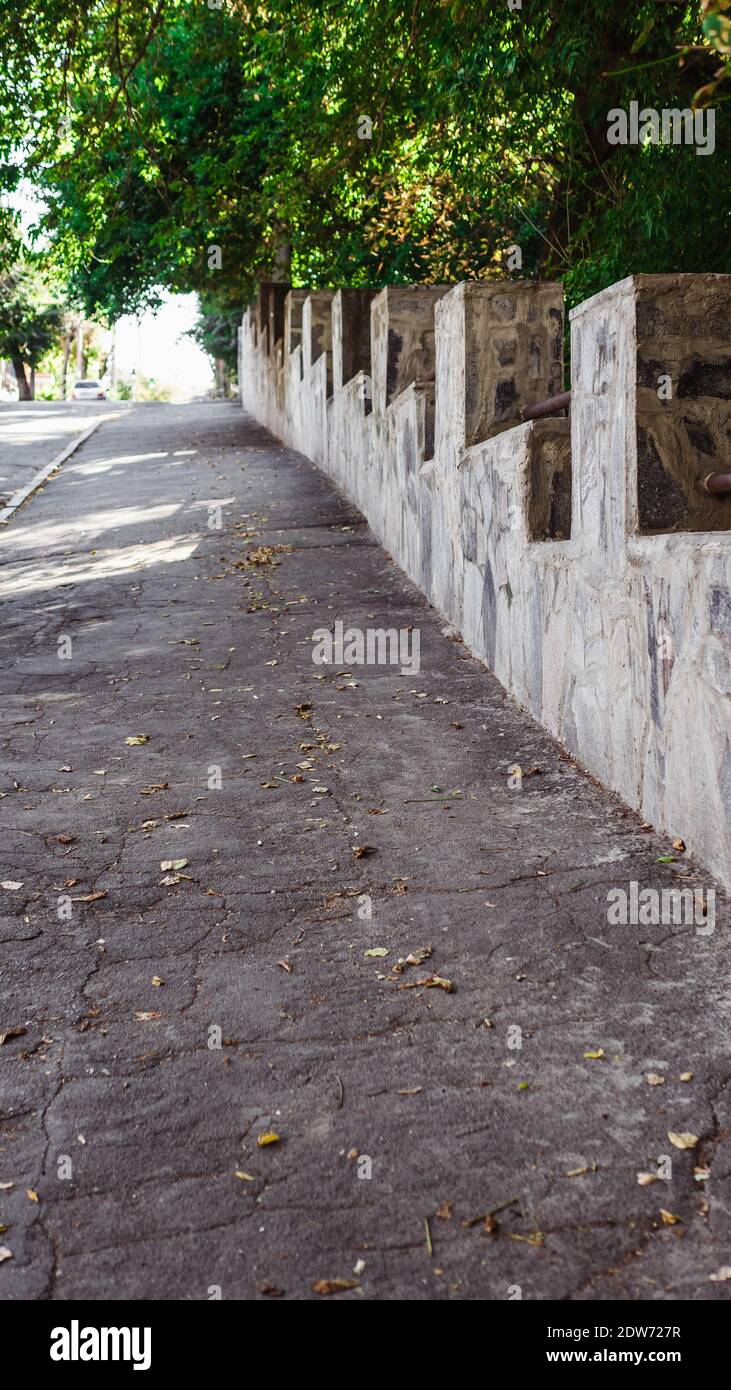Eine verlassene Straße in der Stadt, eine schöne Gasse ohne Menschen, eine leere Straße in einem Park in einer großen Stadt. Stockfoto