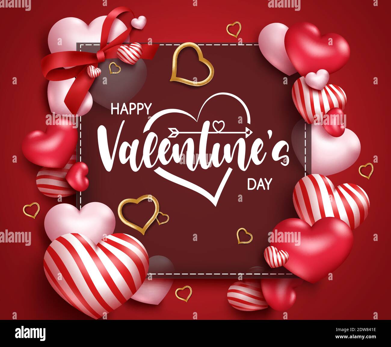 Valentinstag Vektor Hintergrund Vorlage. Happy valentine's Day Grußtext in leeren Raum Rahmen mit romantischen Elementen wie 3d Herzen. Stock Vektor