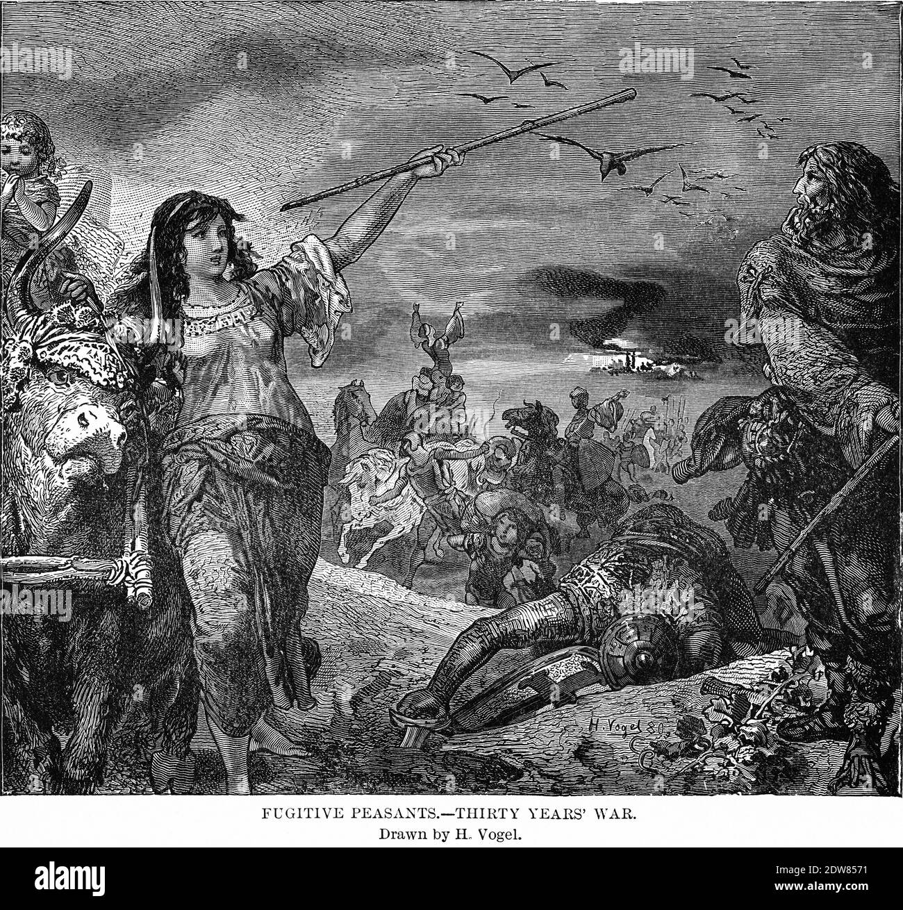 Flüchtige Bauern, Dreißigjähriger Krieg, gezeichnet von H. Vogel, Illustration, Ridpath's History of the World, Band III, von John Clark Ridpath, LL. D., Merrill & Baker Publishers, New York, 1897 Stockfoto