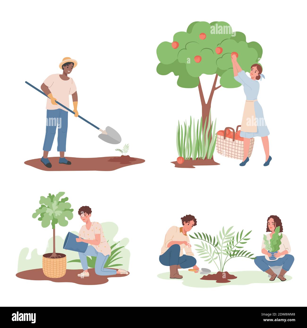 Gartenarbeit, Landwirtschaft Gärtner Hobby Vektor flache Illustration. Gruppe von glücklich lächelnden Menschen arbeiten im Garten, Bewässerung und Pflanzen, Ernte Apfelernte, Pflanzen graben. Stock Vektor