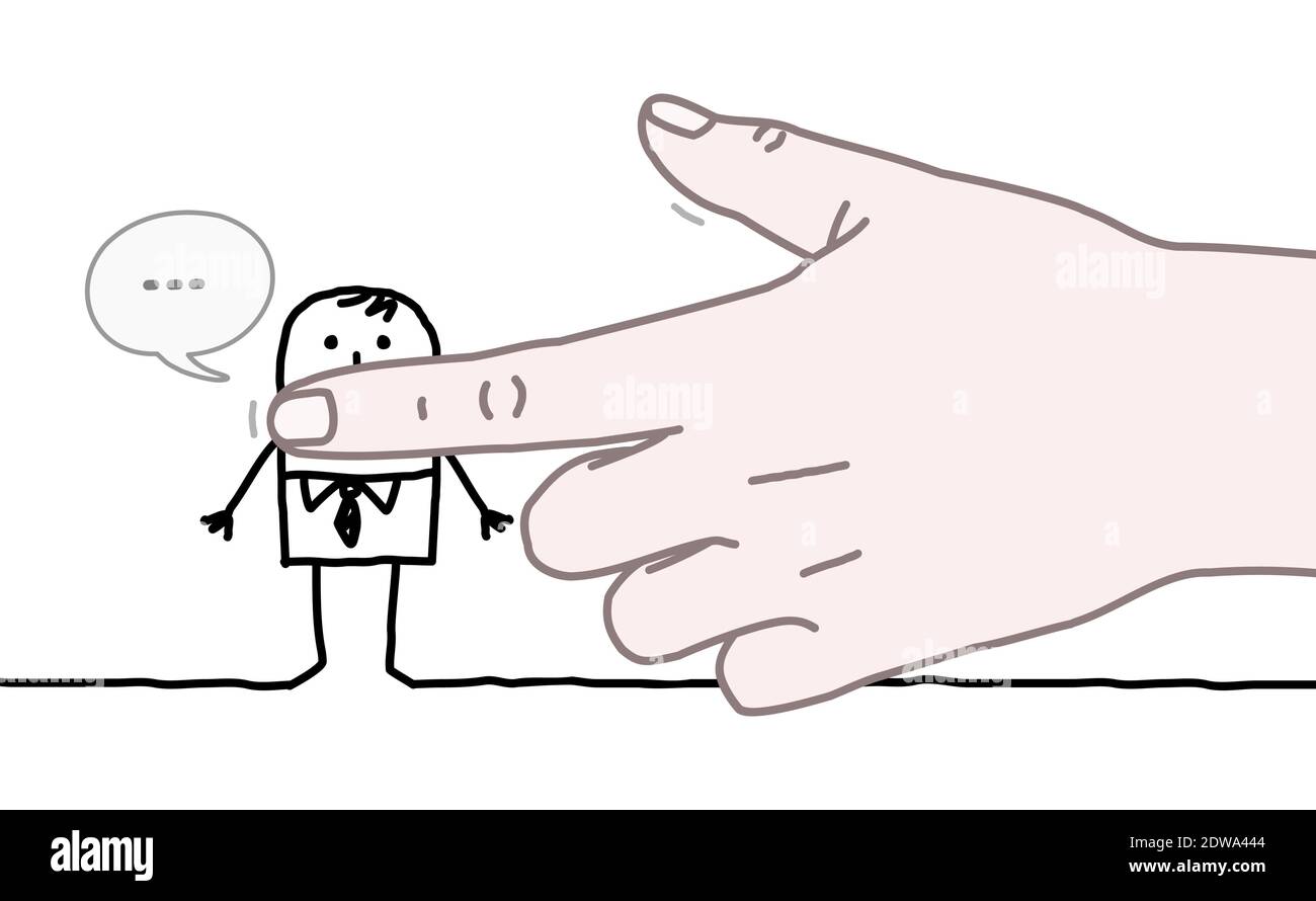 Hand gezeichnet große menschliche Hand Schließung Mund eines Cartoon Mann Stock Vektor
