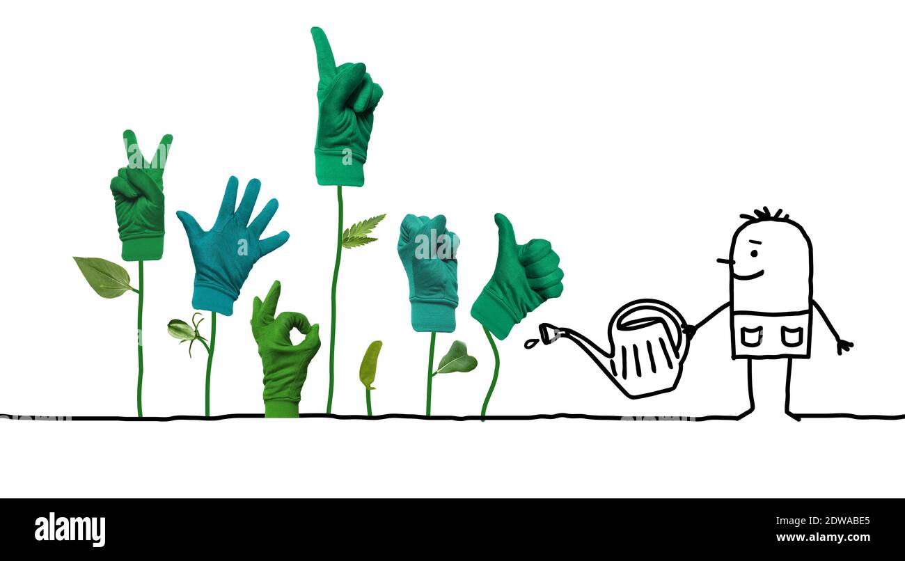 Hand gezeichnet -Cartoon Gärtner mit wachsenden grünen Hand Zeichen - Collage Stockfoto