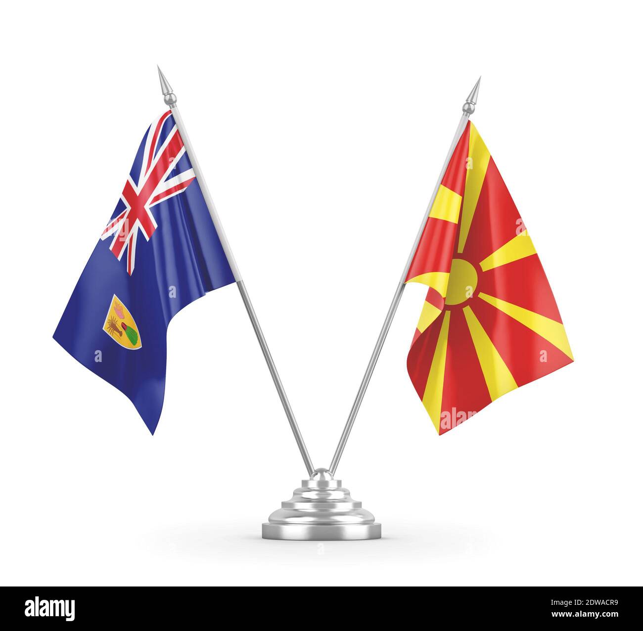 Nordmakedonien und Turks- und Caicosinseln Tischflaggen isoliert Auf Weiß Stockfoto