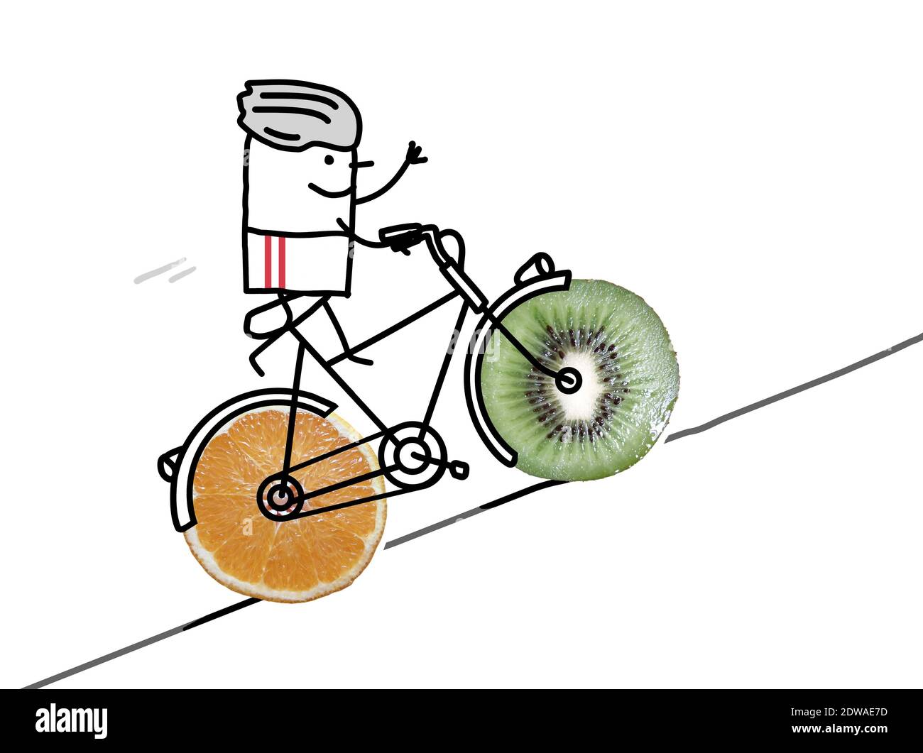 Hand Drawn - Cartoon Sportlicher Radfahrer mit großen fruchtigen Rädern - Collage Stockfoto