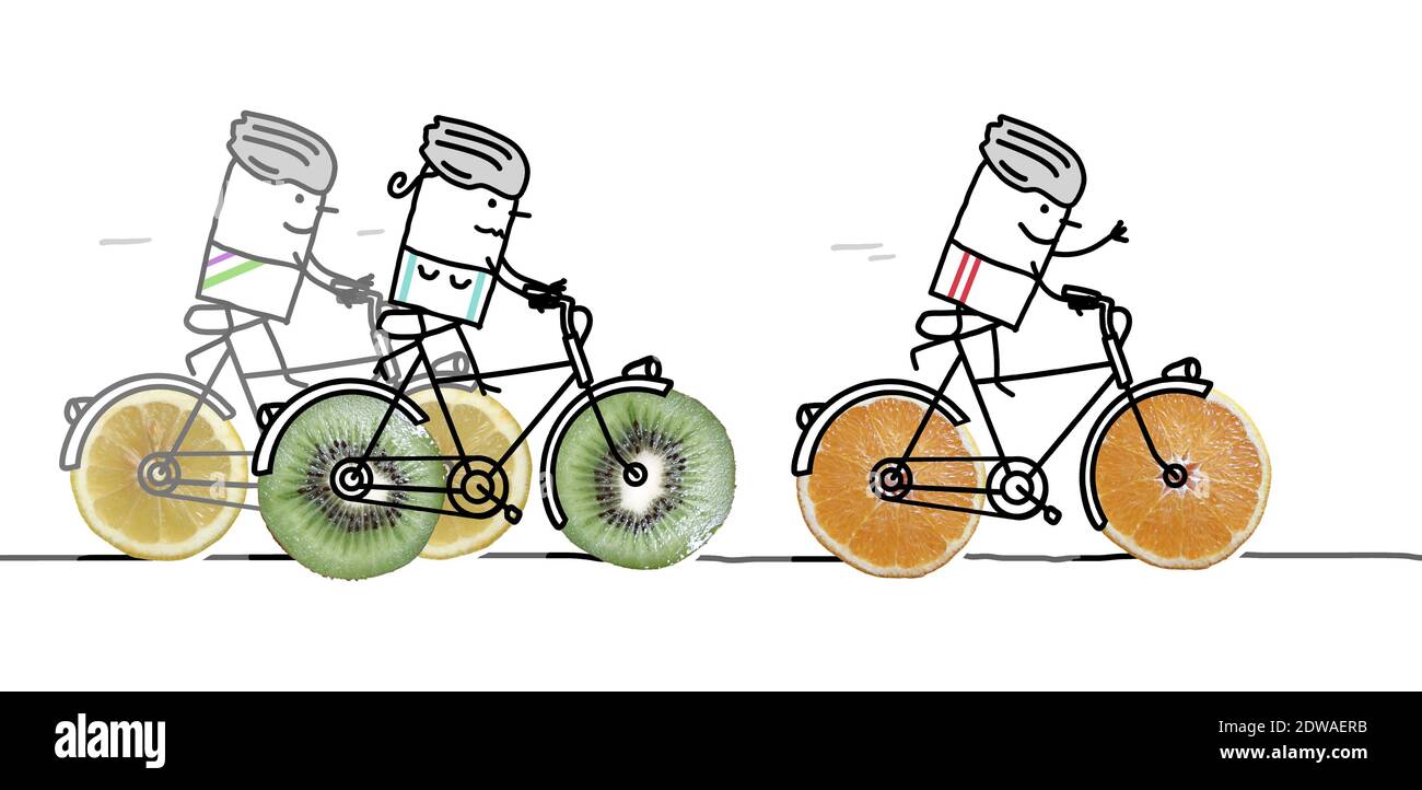 Hand Drawn - Cartoon drei sportliche Radfahrer mit großen fruchtig Räder - Collage Stockfoto