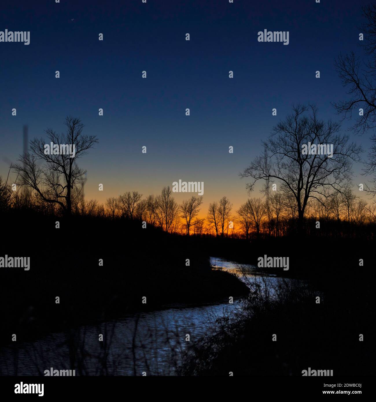 Die planetarische Konjunktion zwischen Jupiter und Saturn im Dezember 2020, die mit den Farben des Sonnenuntergangs über einem brushigen Bach in Jackson County, IN, USA, gesehen wurde. Stockfoto