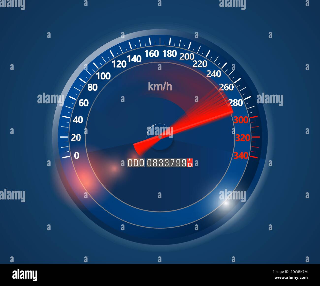 Blauer Tachometer mit einem roten Pfeil. Vektor. Stock Vektor