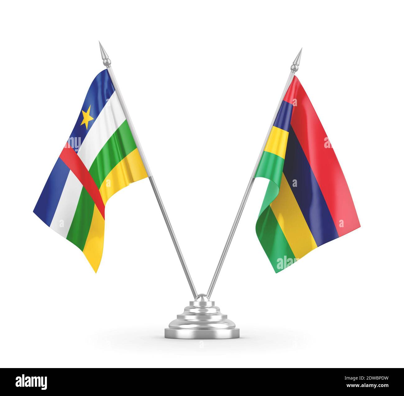 Mauritius und Zentralafrikanische Republik Tischflaggen isoliert auf weiß Stockfoto