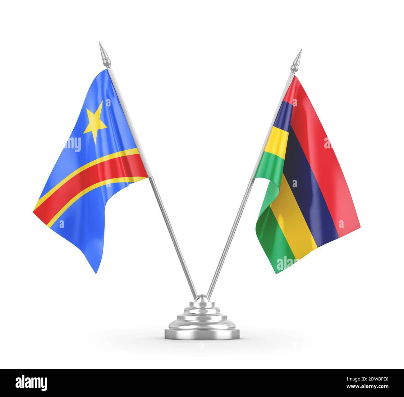 Mauritius und Kongo Demokratische Republik Tischflaggen isoliert auf weiß Stockfoto