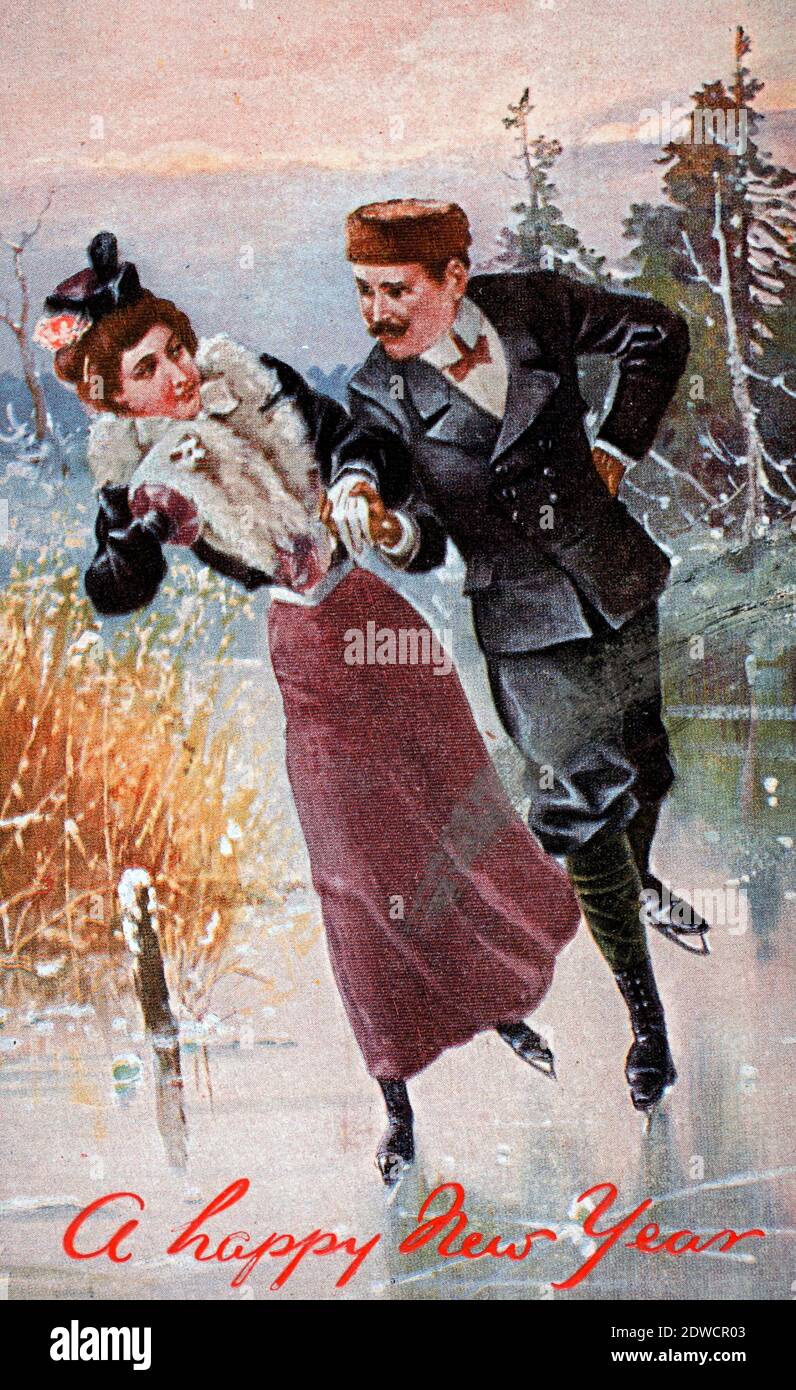Ein Paar Eislaufen - EIN glückliches neues Jahr Jahrgang Postkarte Stockfoto