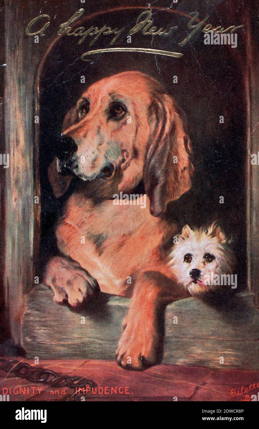 Ein großer Hund und ein kleiner Hund schauen raus - Würde und Frechheit - EIN glückliches neues Jahr Vintage Postkarte Stockfoto