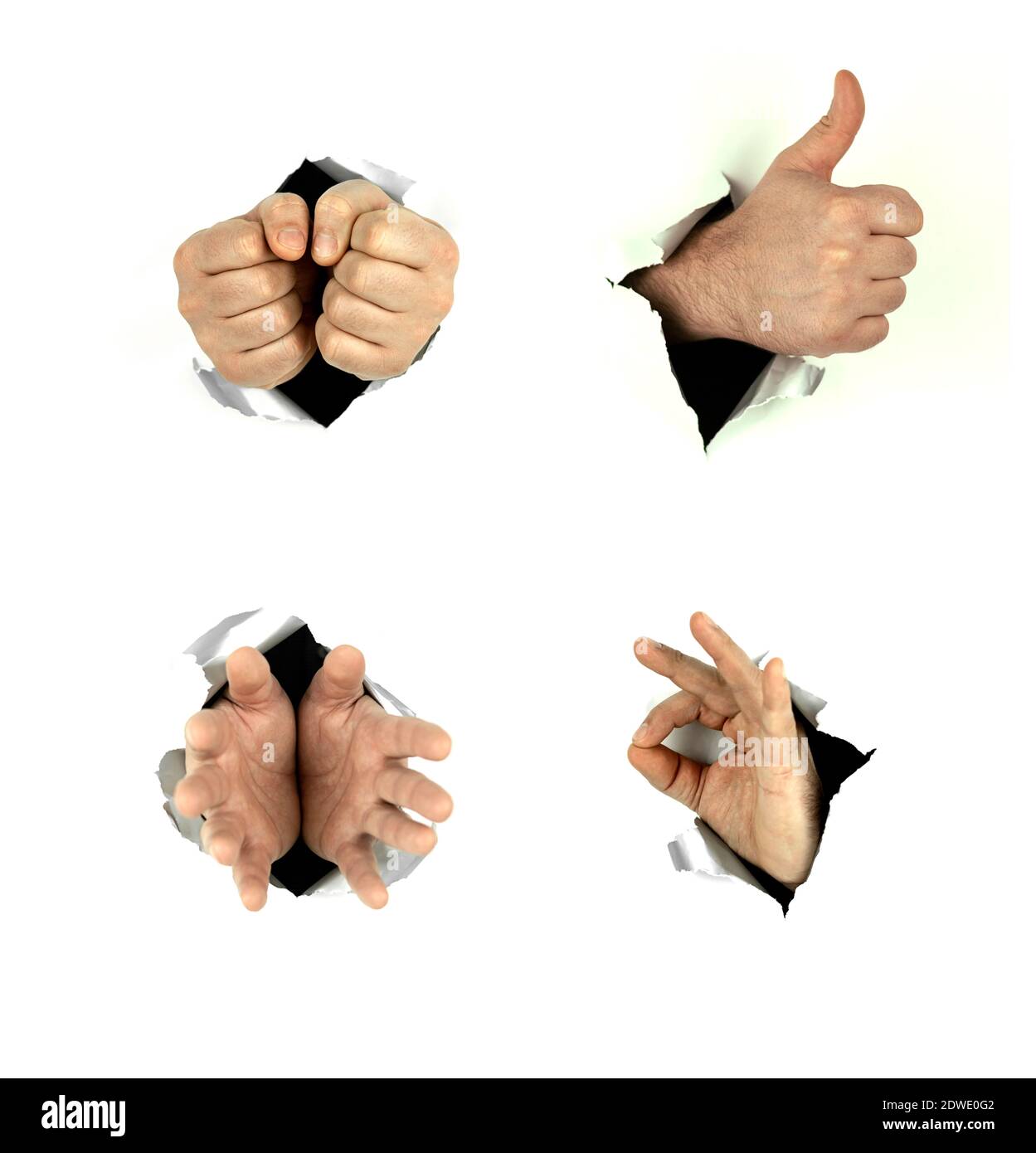 Männliche Hände zeigen Gesten auf weißem Hintergrund. Zerrissenes Papier und Handbewegung Stockfoto