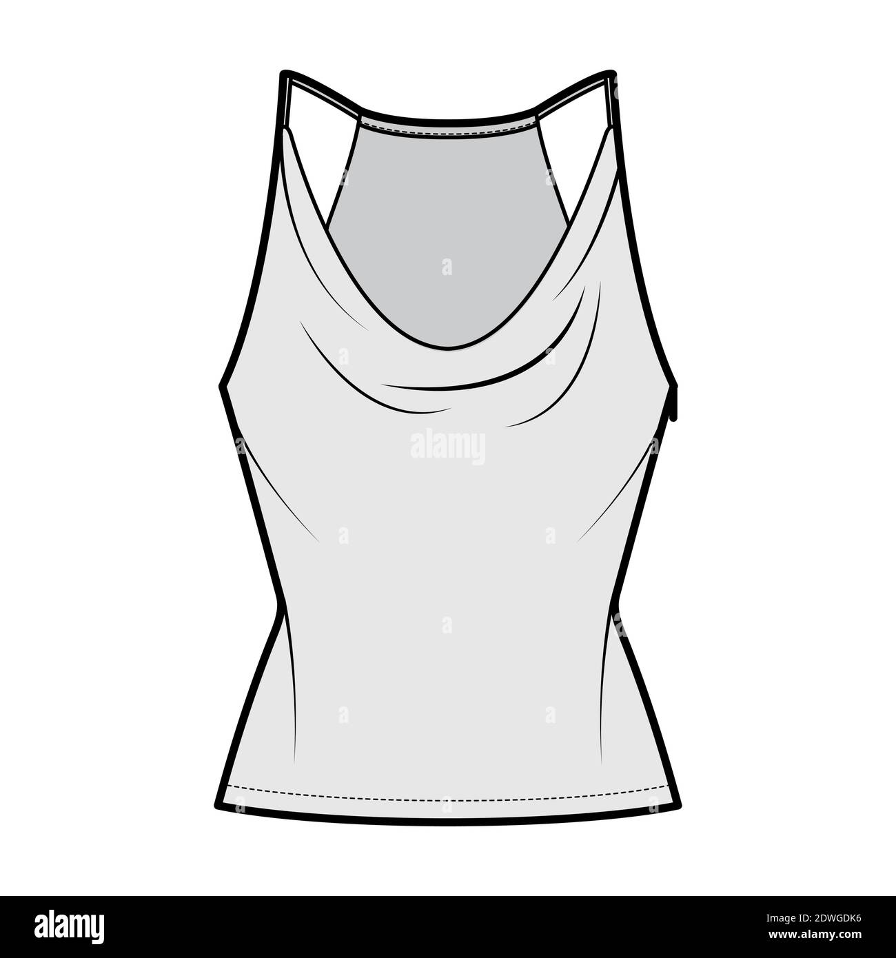 Tank Low Cowl Camisole technische Mode-Illustration mit dünnen verstellbaren Trägern, Slim Fit, Tunika Länge. Flat Bekleidung outwear top Schablone vorne, grau. Frauen Männer Unisex CAD mockup Stock Vektor