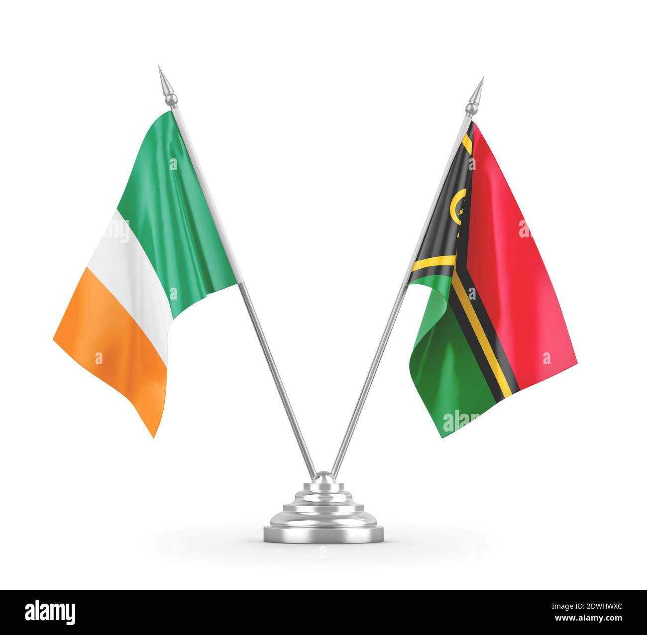 Vanuatu und Irland Tischflaggen isoliert auf weißem 3D-Rendering Stockfoto