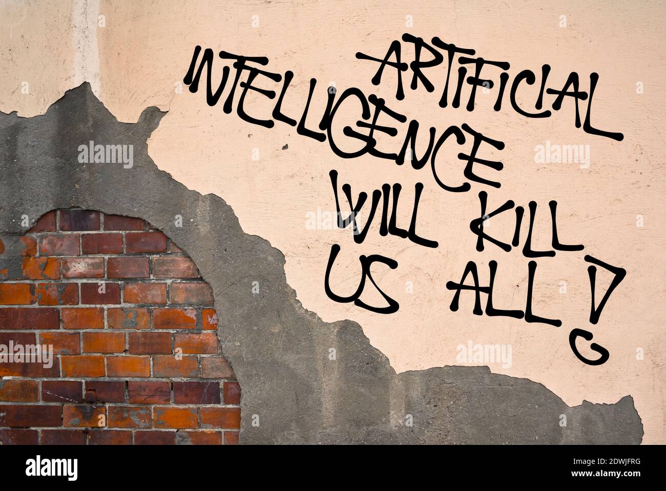 Künstliche Intelligenz will Kill US All - - handschriftliche Graffiti an die Wand gesprüht, anarchistische Ästhetik - Gefahr der Automatisierung und Aufstand der Rob Stockfoto