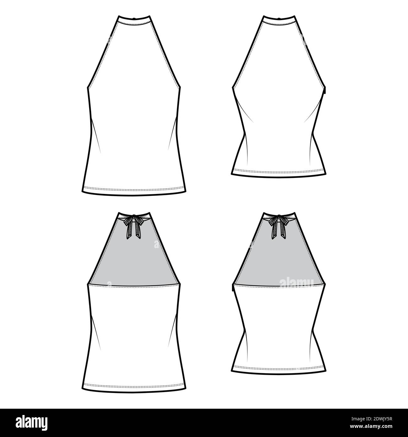 Set von Tops High neck Halfter Tanks technische Mode Illustration mit Schleife, schlank, übergroße Passform, Taille Länge. Flach außen Bekleidungsschablone vorne, hinten, weiße Farbe. Frauen Männer Unisex CAD mockup Stock Vektor