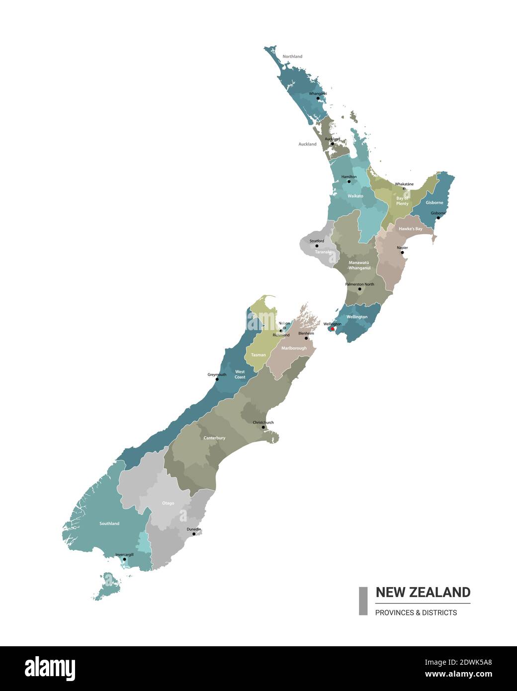 Neuseeland Higt Detailkarte mit Unterteilungen. Verwaltungskarte von Neuseeland mit Bezirks- und Stadtnamen, farbig nach Bundesstaaten und administrativ Stock Vektor