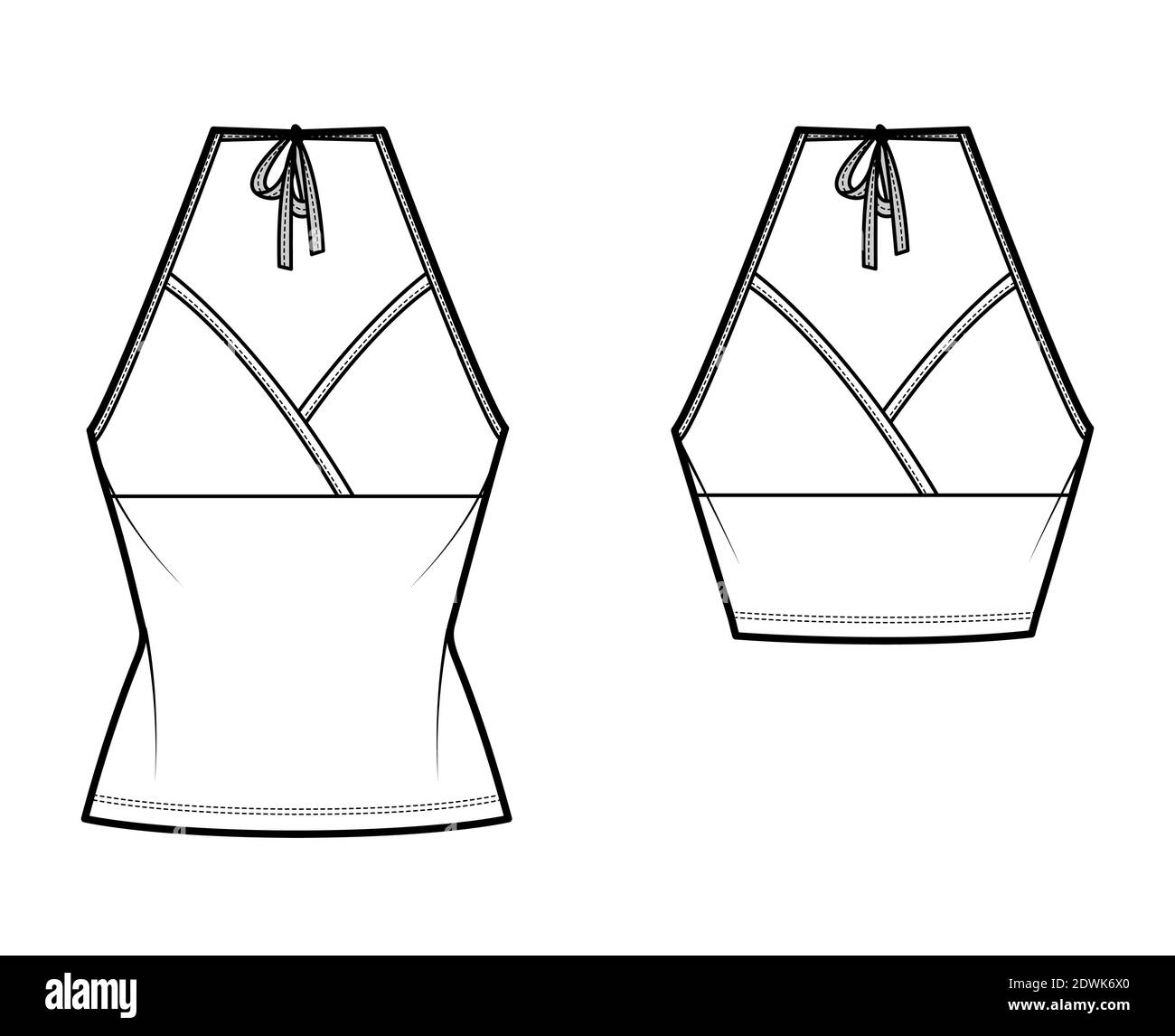 Set von Camisoles Halfter Hals Surplice Tanks technische Mode Illustration mit Empire-Naht, Schleife, Slim Fit, Crop, Tunika Länge. Flattop Schablone vorne, weiß. Frauen Männer CAD Mockup Stock Vektor