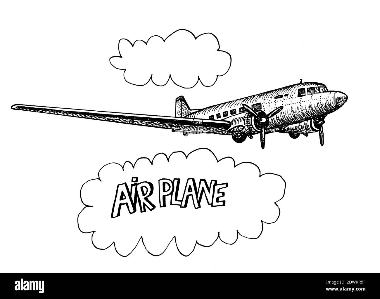 Große Propeller Flugzeug handgezeichnete Llustration realistische Skizze und Schriftzug In der Cloud Stockfoto