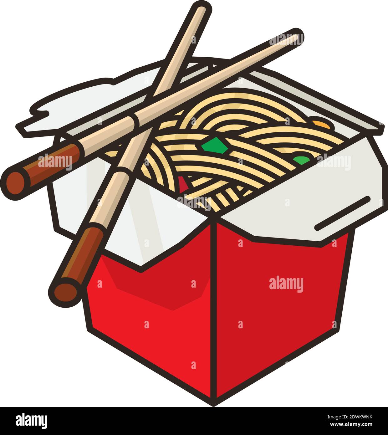 Chinesische Take-Out Food Box und Essstäbchen Vektor-Illustration für Chop Suey Day am 29. August. Asiatische Lebensmittel isoliert Farbsymbol. Stock Vektor