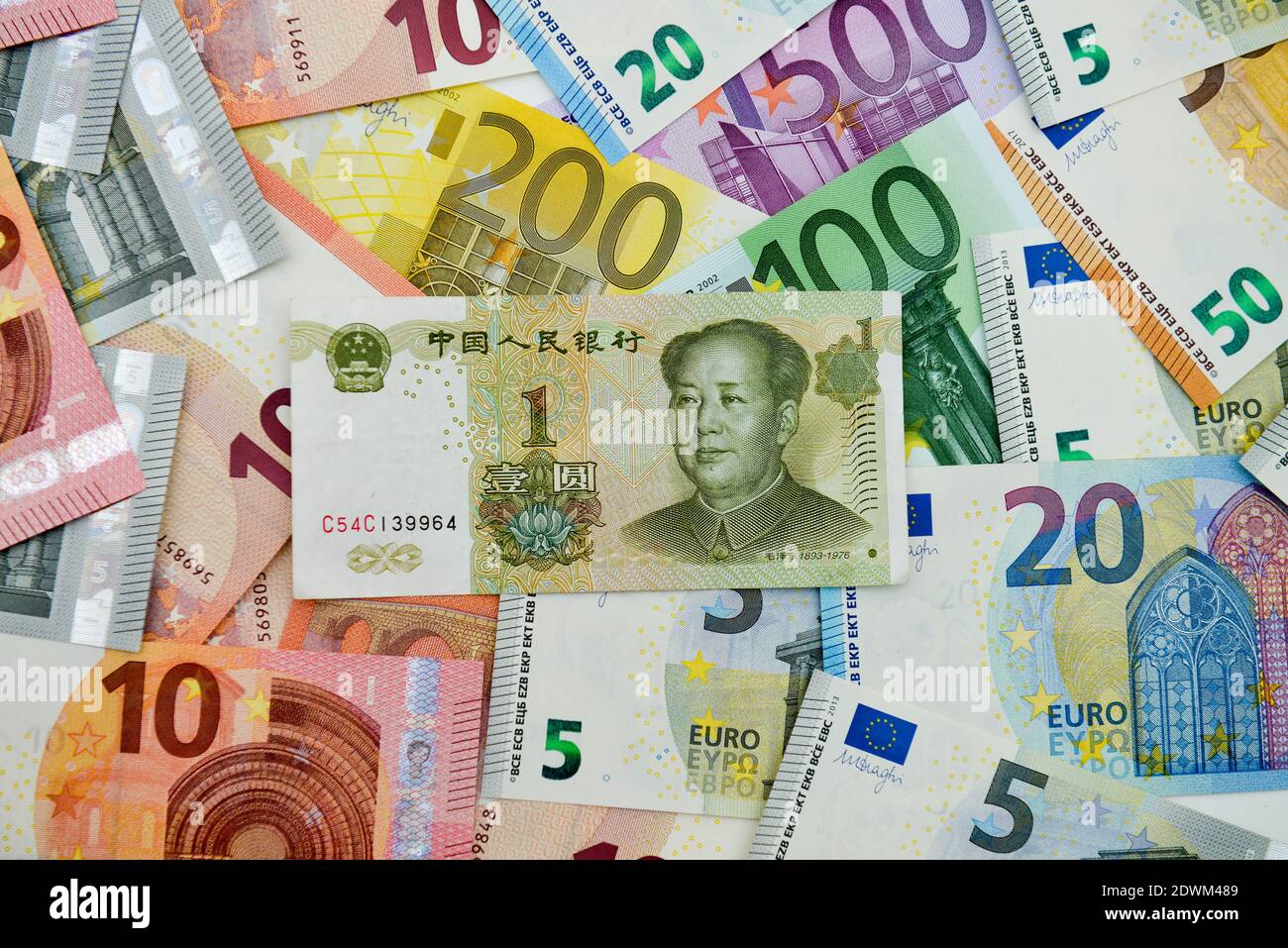 1 Yuan, Euroheine Stockfoto