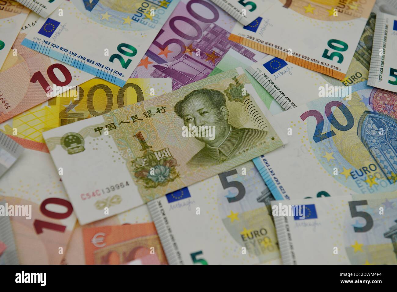 1 Yuan, Euroheine Stockfoto