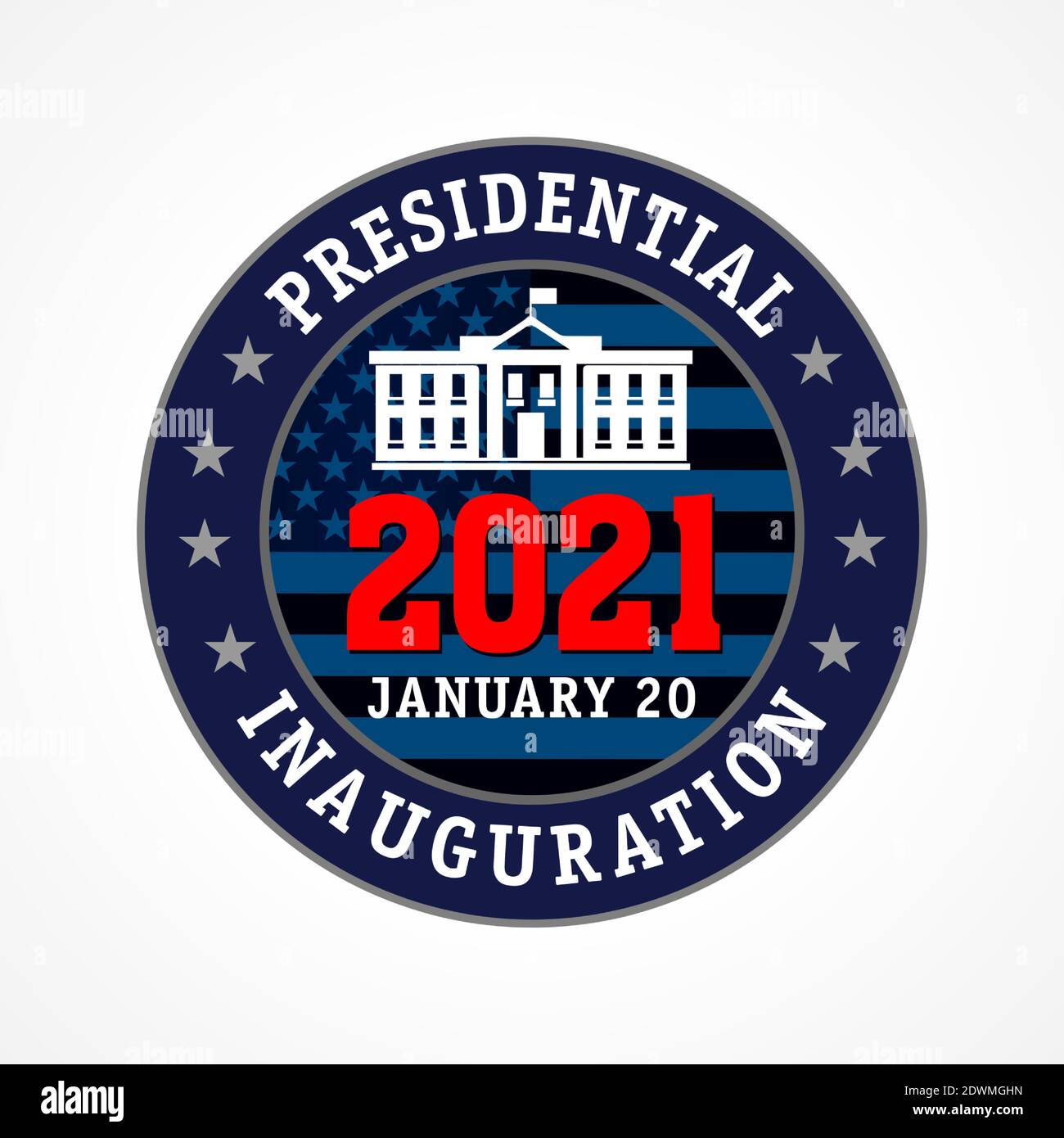 Präsidenteneinführung USA, Januar 2021 rundes Emblem-Banner. Kreative Sperre, soziale Distanzierung US-Präsident Amtseinführung mit Flagge Stock Vektor