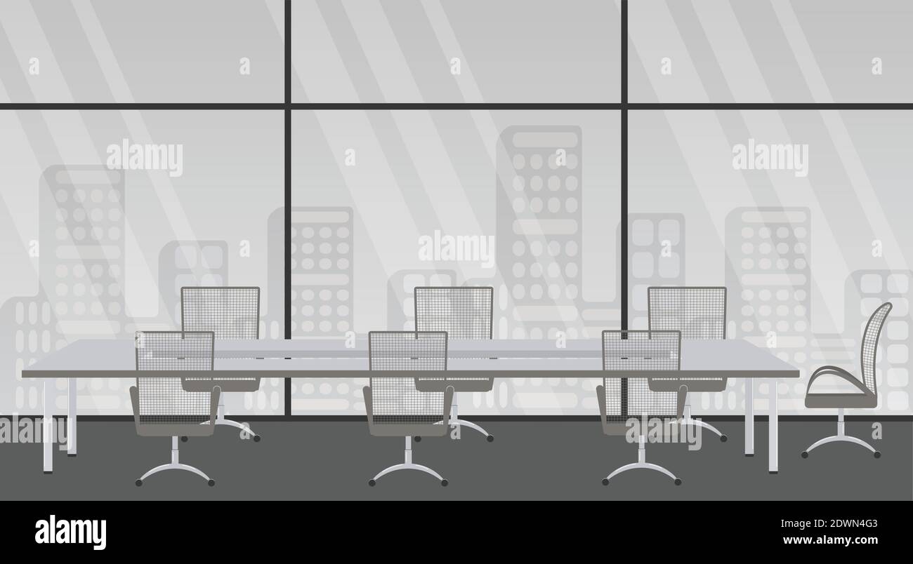 Tagungsraum in Bank oder Versicherungsgesellschaft. Möbel für das Büro in modernem Stil. Langer Tisch und rollbarer Stuhl für Manager mit Rückenlehne für Geschäftstreffen Stock Vektor