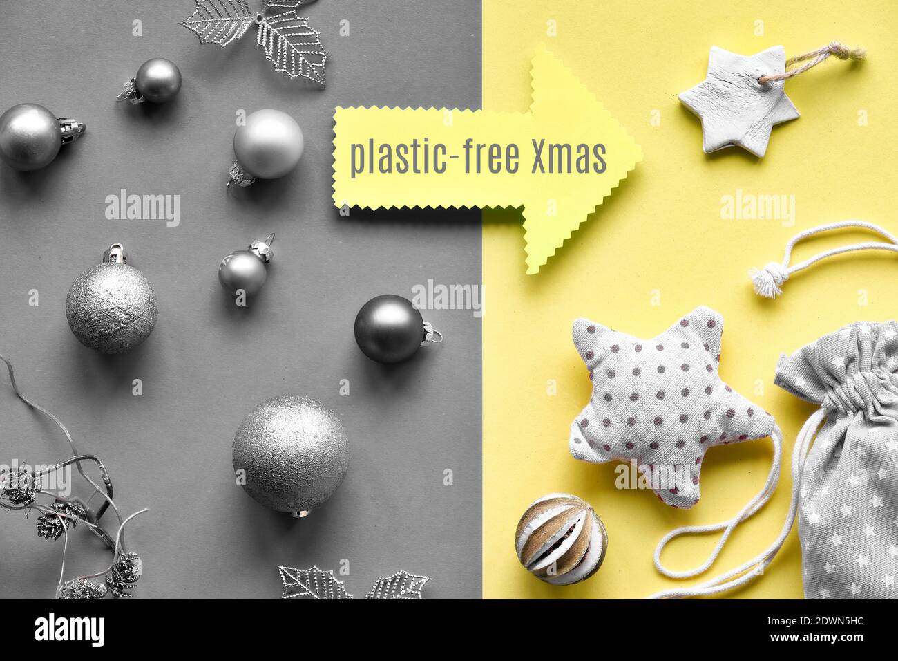 Kunststofffreies Weihnachtskonzept. Wechseln Sie vom Plastikspielzeug zu nachhaltigen Weihnachtsdekorationen mit natürlichen Materialien. Flach liegend, Draufsicht im Lagenlook Stockfoto