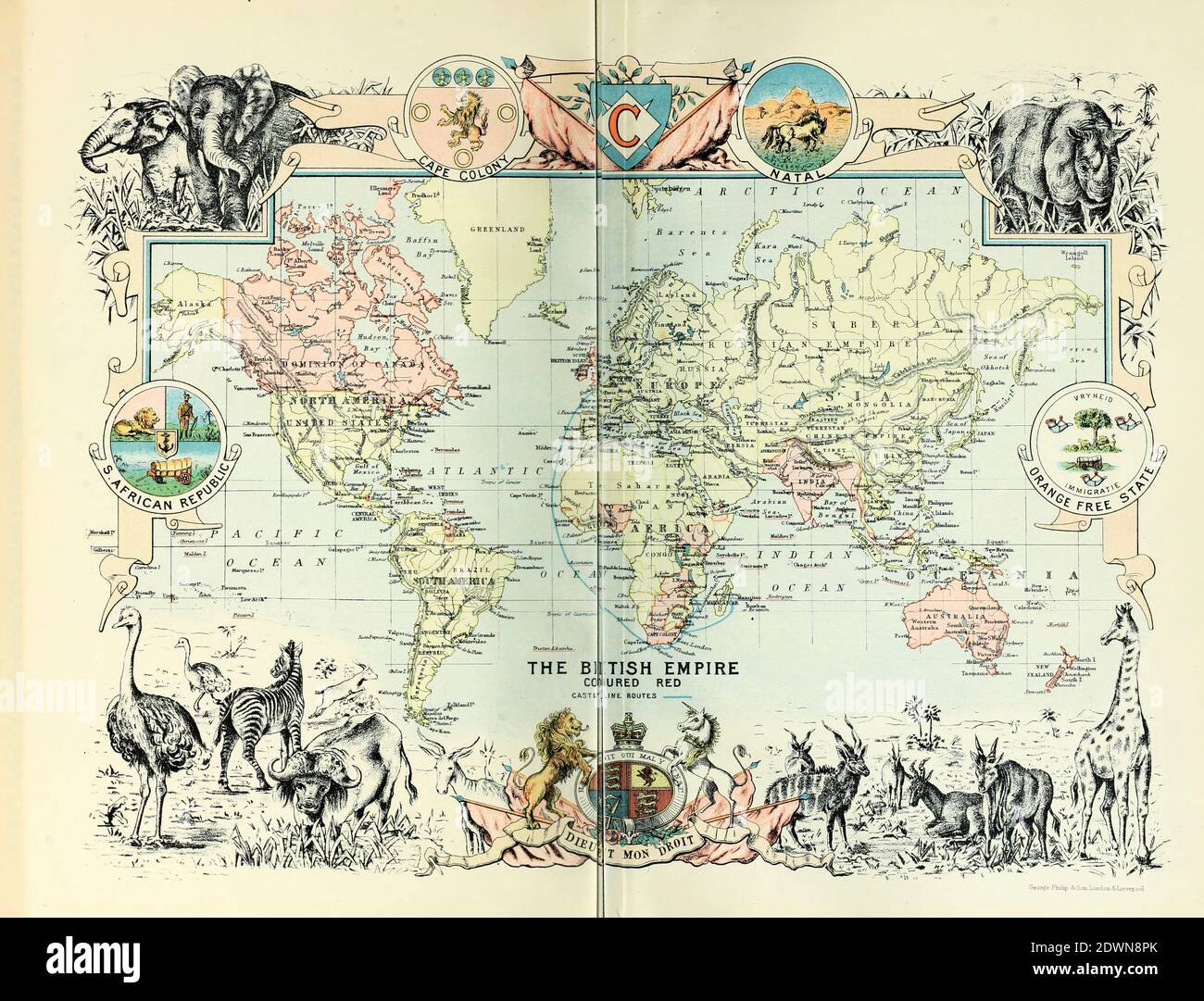 Weltkarte des Britischen Reiches in Rot (1895) aus dem Buch 'The Castle Line Atlas of South Africa' : Eine Serie von 16 Tafeln, gedruckt in Farbe, mit 30 Karten und Diagramme, mit einem Bericht über die geographischen Merkmale, das Klima, die Mineral-und andere Ressourcen, und die Geschichte von Südafrika. Und ein Index von über 6,000 Namen Stockfoto