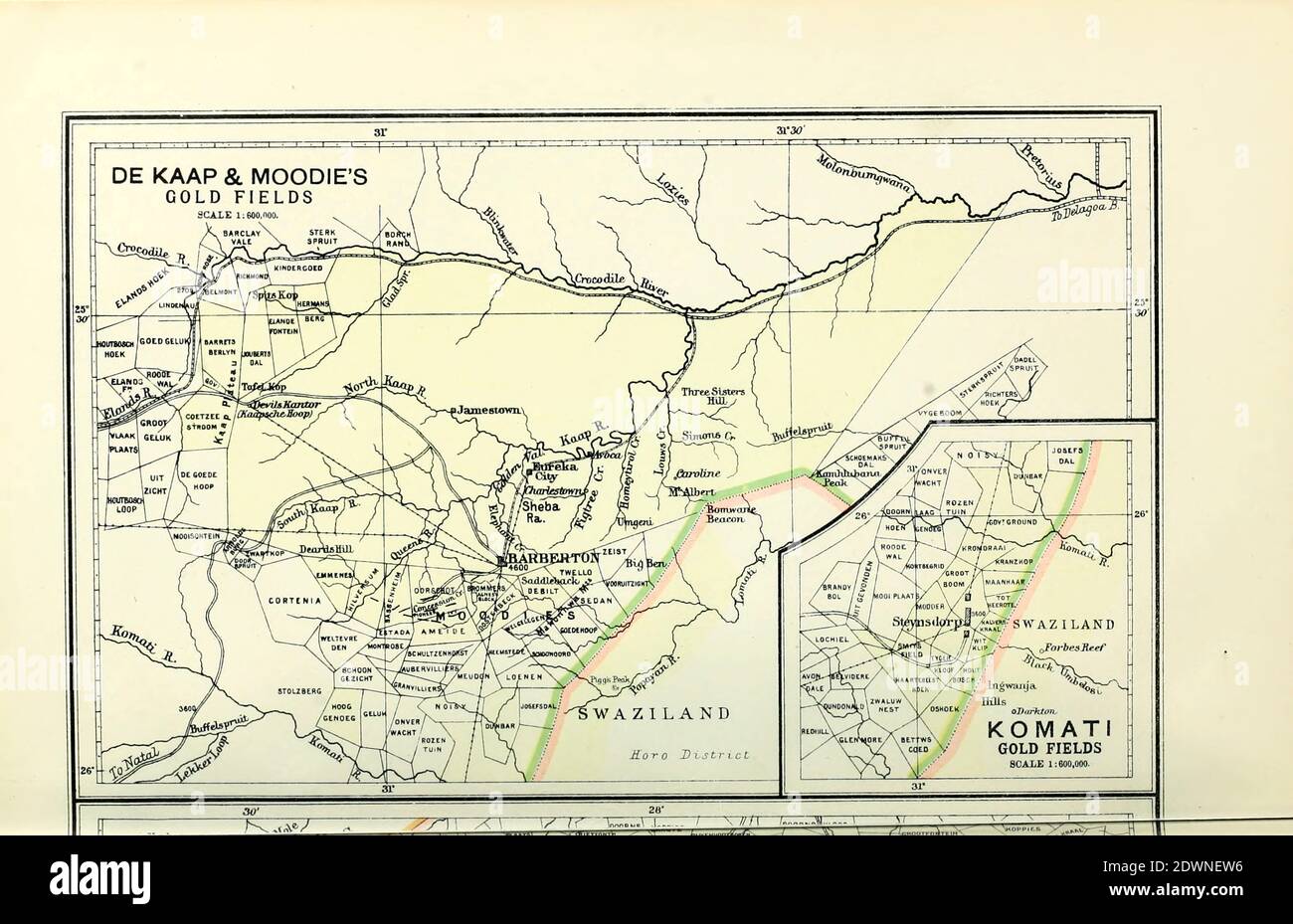 Alte Karte der südafrikanischen Goldfelder (1895) aus dem Buch 'The Castle Line Atlas of South Africa' : Eine Serie von 16 Tafeln, gedruckt in Farbe, mit 30 Karten und Diagramme, mit einem Bericht über die geographischen Merkmale, das Klima, die Mineral-und andere Ressourcen, und die Geschichte von Südafrika. Und ein Index von über 6,000 Namen Stockfoto