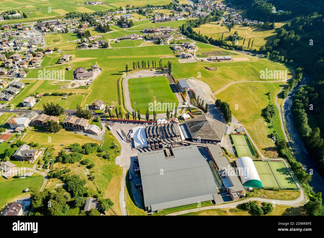 Bormio, Sportzentrum, Valtellina (IT), Panorama-Luftaufnahme Stockfoto