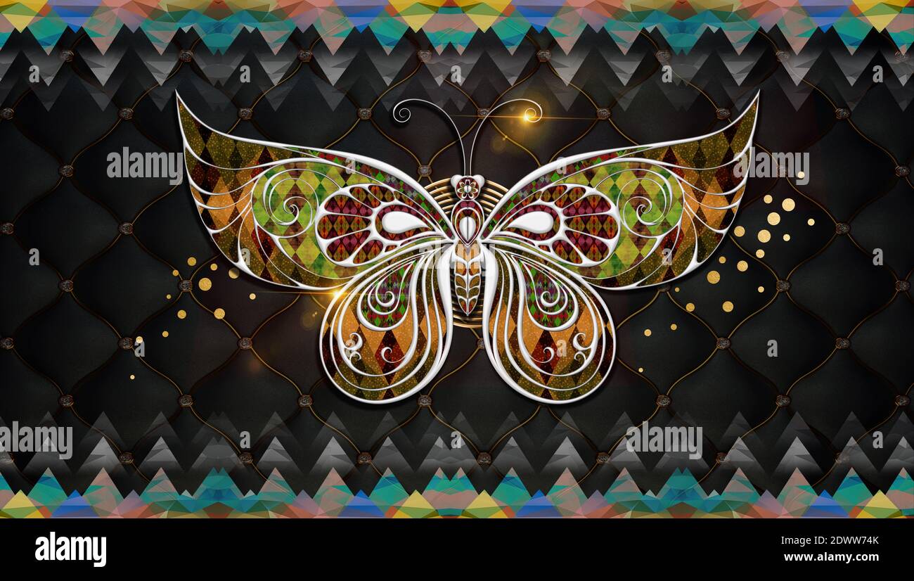 3d Wandbild Kunst Tapete Silber Schmetterling und farbige Dreiecke. Schwarzer Hintergrund und goldenes Licht und Kreise. Geeignet für Leinwand Wandrahmen. Stockfoto