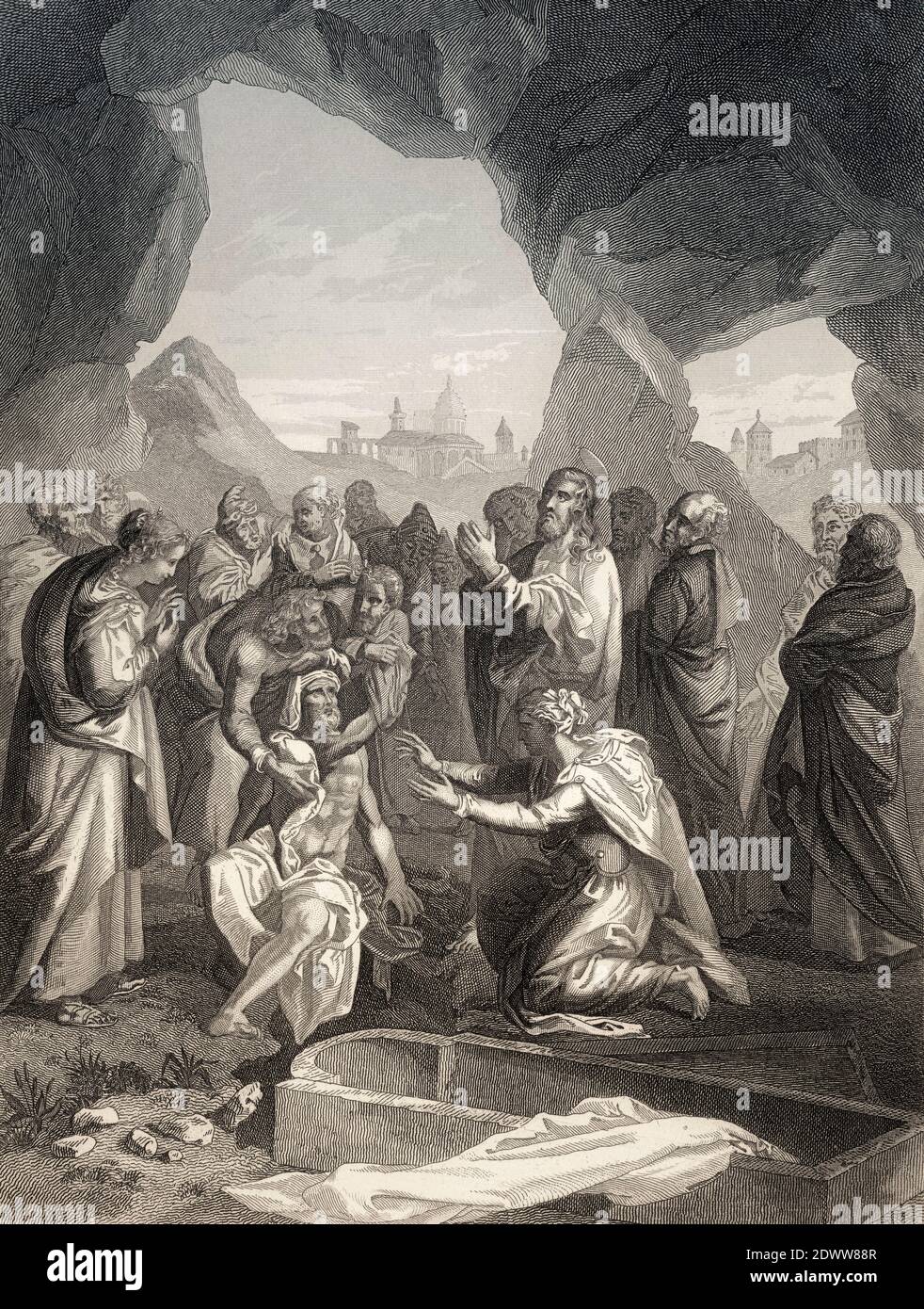 Die Auferweckung des Lazarus, Neues Testament, Stahlstich 1853, digital restauriert Stockfoto