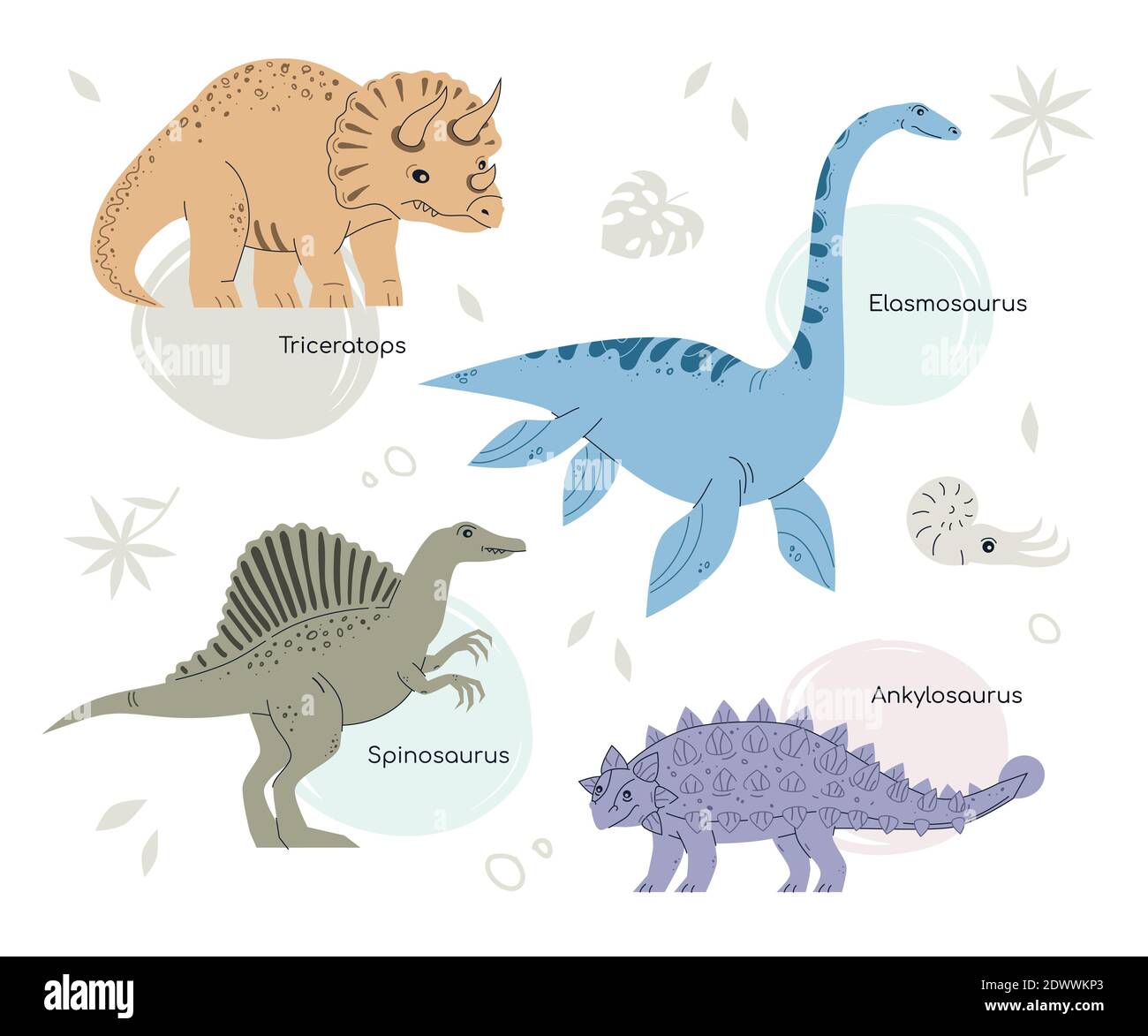 Verschiedene Dinosaurier - Satz von flachen Design-Stil Zeichen. Ausgestorbene Tiere, Dino-Sammlung. Prähistorische Zeiten Idee. Bunte Bilder von Triceratops, e Stock Vektor