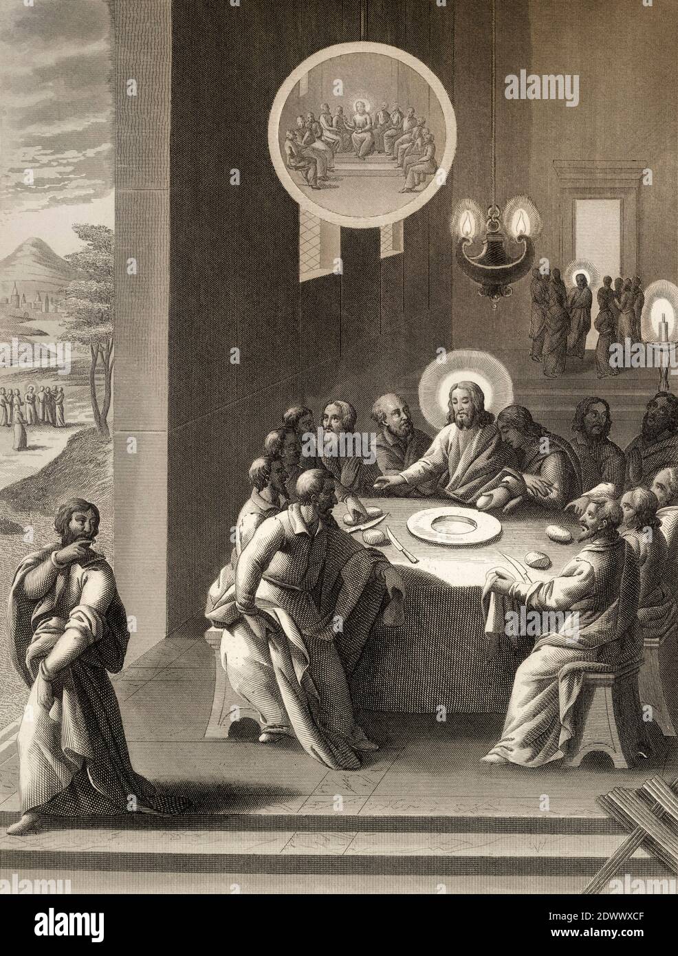 Judas Iskariot aus dem Abendmahl zurücktreten, Neues Testament, Stahlstich 1853, digital restauriert Stockfoto