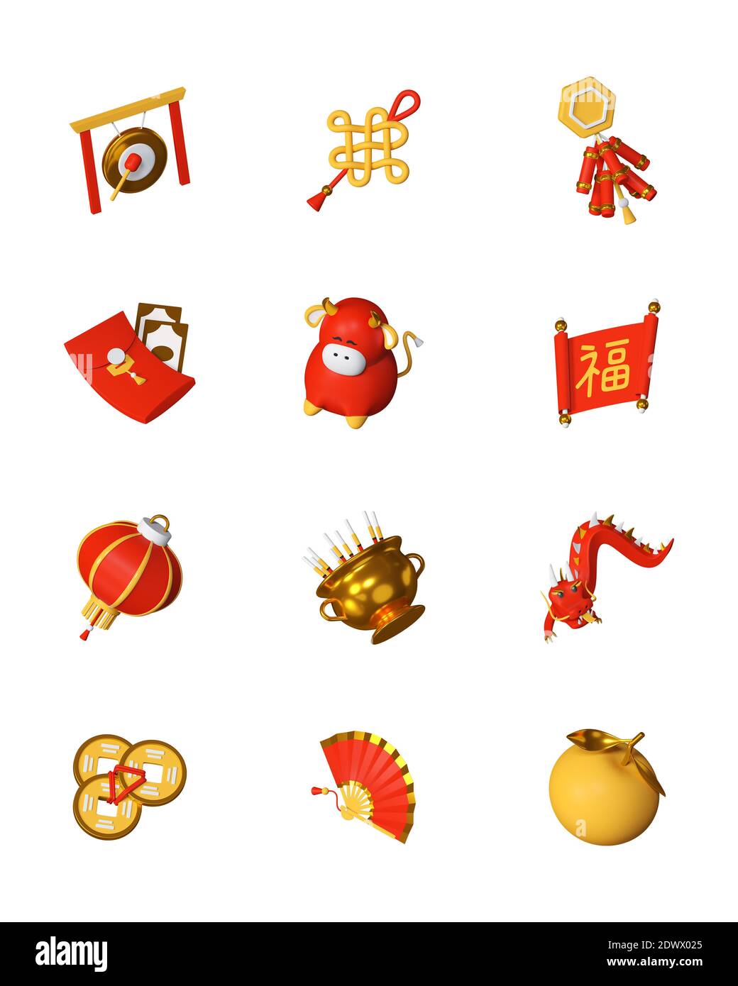 Chinese New Year - Set von bunten 3d-Symbole. Feiertagssymbole, Kultur und nationale Traditionen Idee. Laterne, Drache, Feuerwerkskörper, Knoten, feng Shui Coi Stockfoto