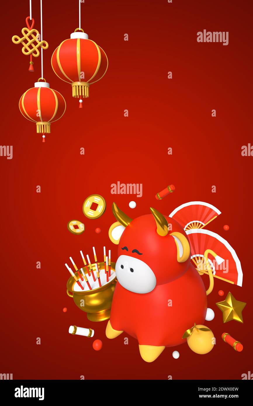 Frohes neues Jahr 2021 - Moderne bunte 3d-Poster-Vorlage mit Platz für Ihren Text. Grußkarte mit chinesischen Feiertagssymbolen. Abbildung mit Ochse, k Stockfoto