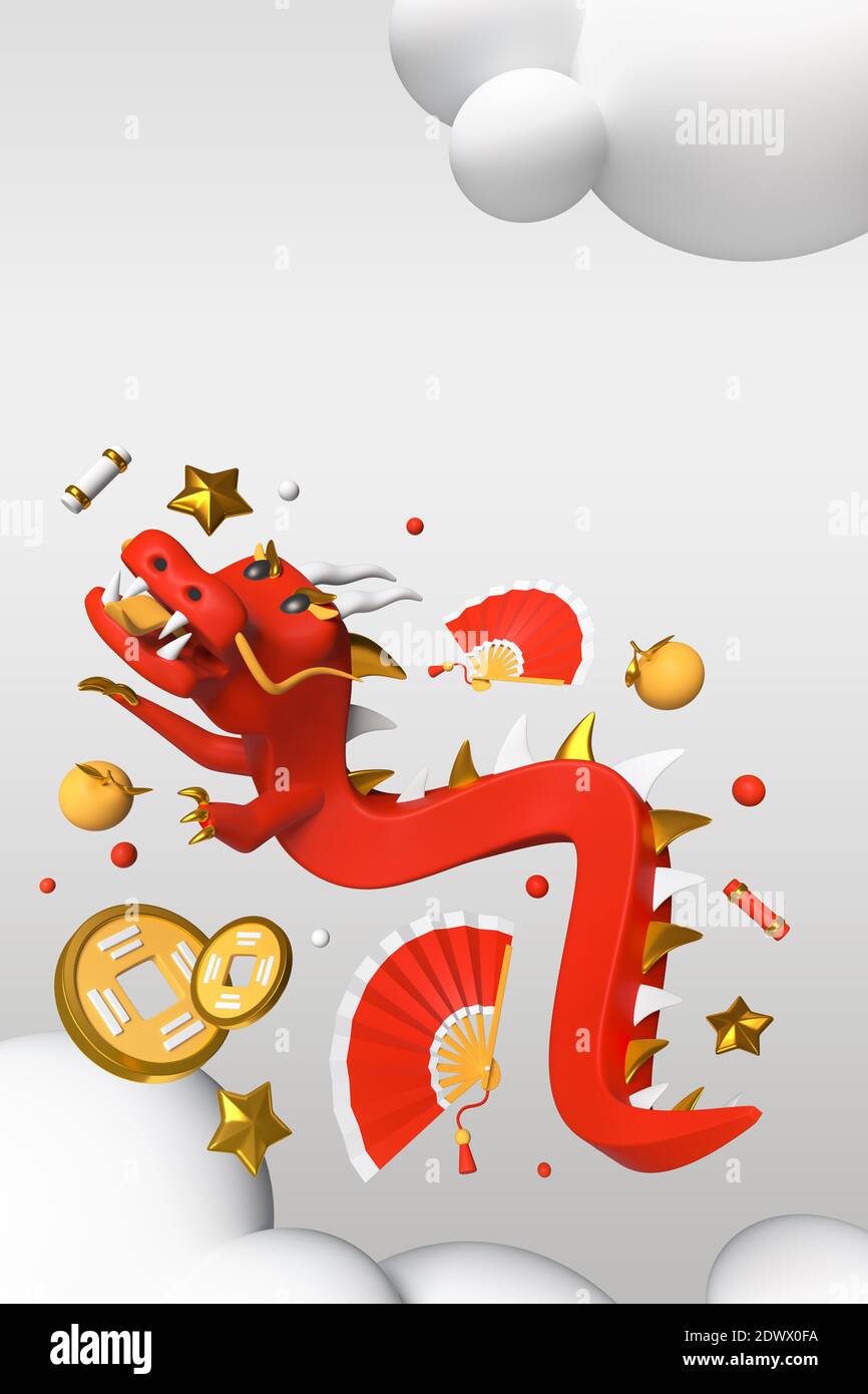 Happy Chinese New Year - Moderne bunte 3d Poster Vorlage mit Platz für Ihren Text. Grußkarte mit Feiertag Symbole, nationale Traditionen Idee. Il Stockfoto